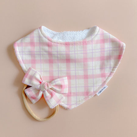 Baby bib, bow headband - Pink Plaid