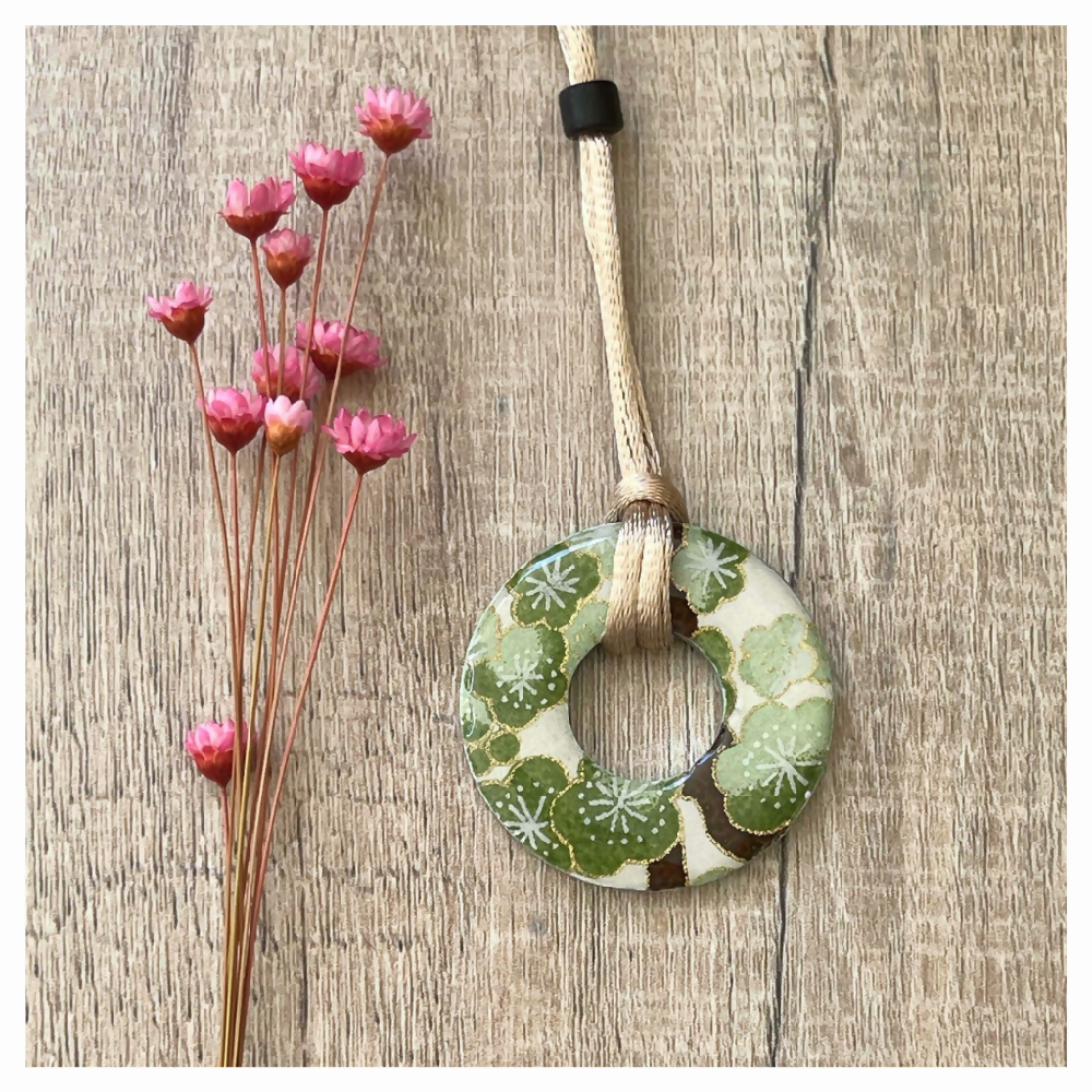 Green Necklace with Cherry Blossom Flowers • Adjustable Cord