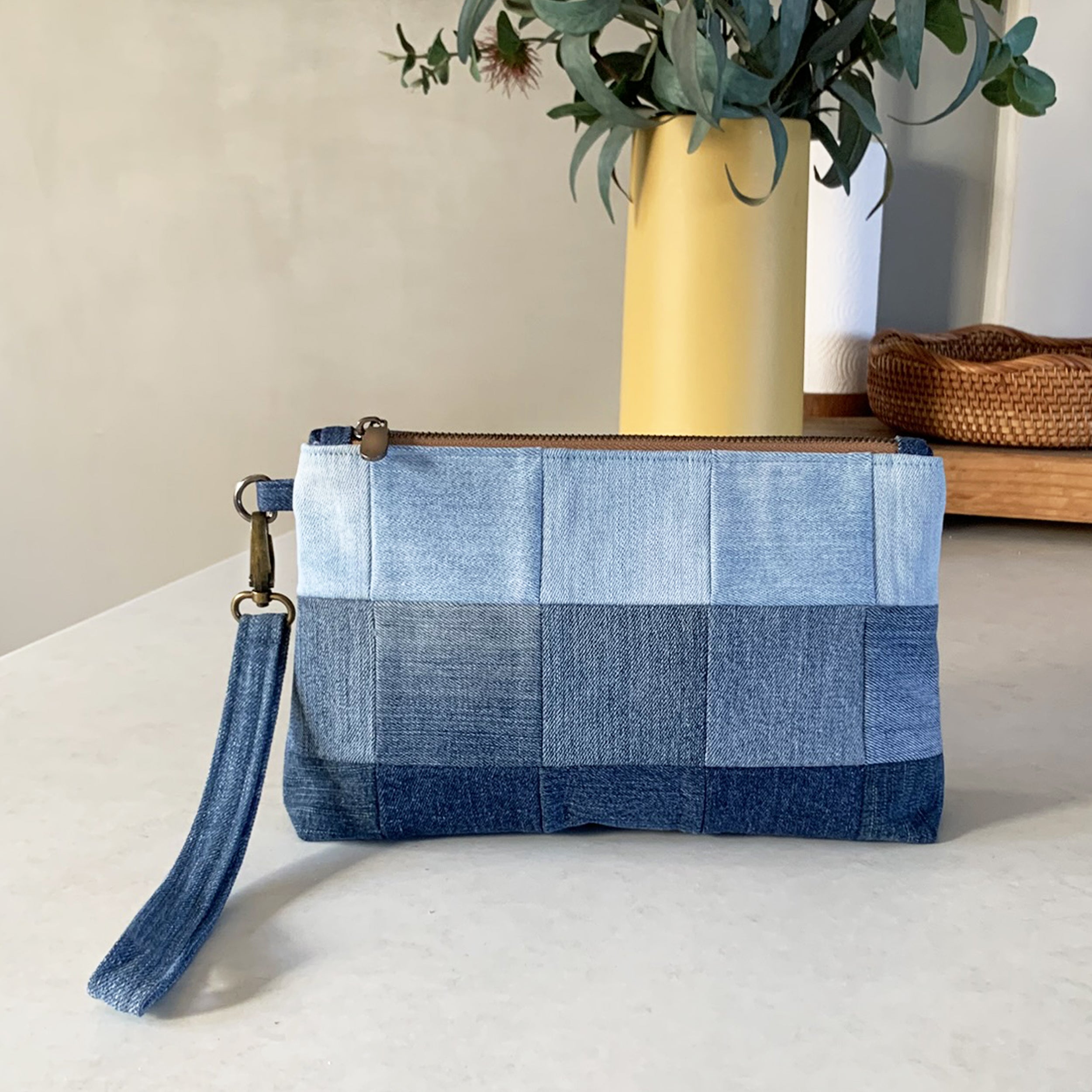 Handmade patchwork upcycled denim wristlet clutch