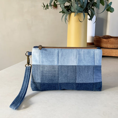Handmade patchwork upcycled denim wristlet clutch