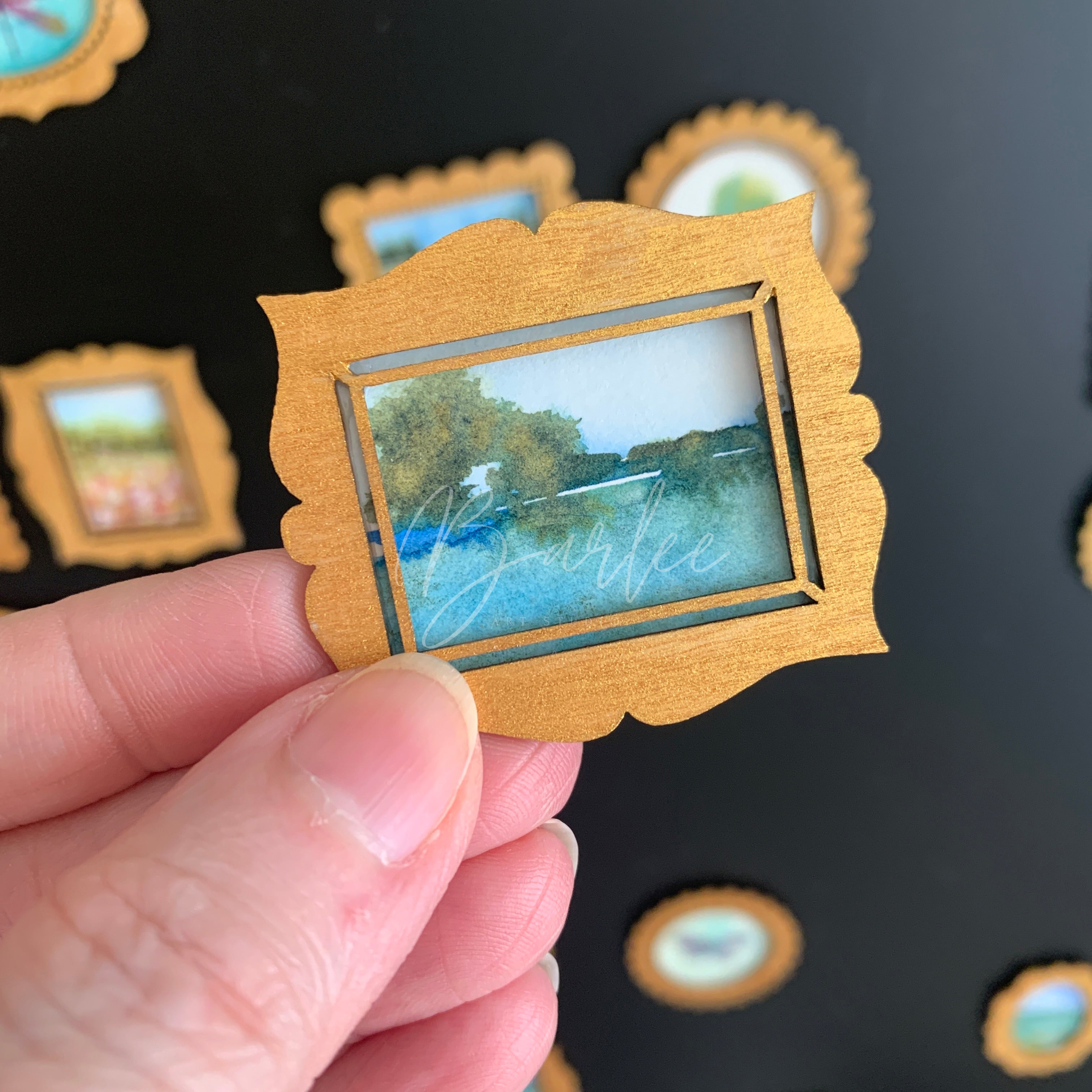 Hand Painted Fridge Magnet Set - 4 Framed Mini Paintings