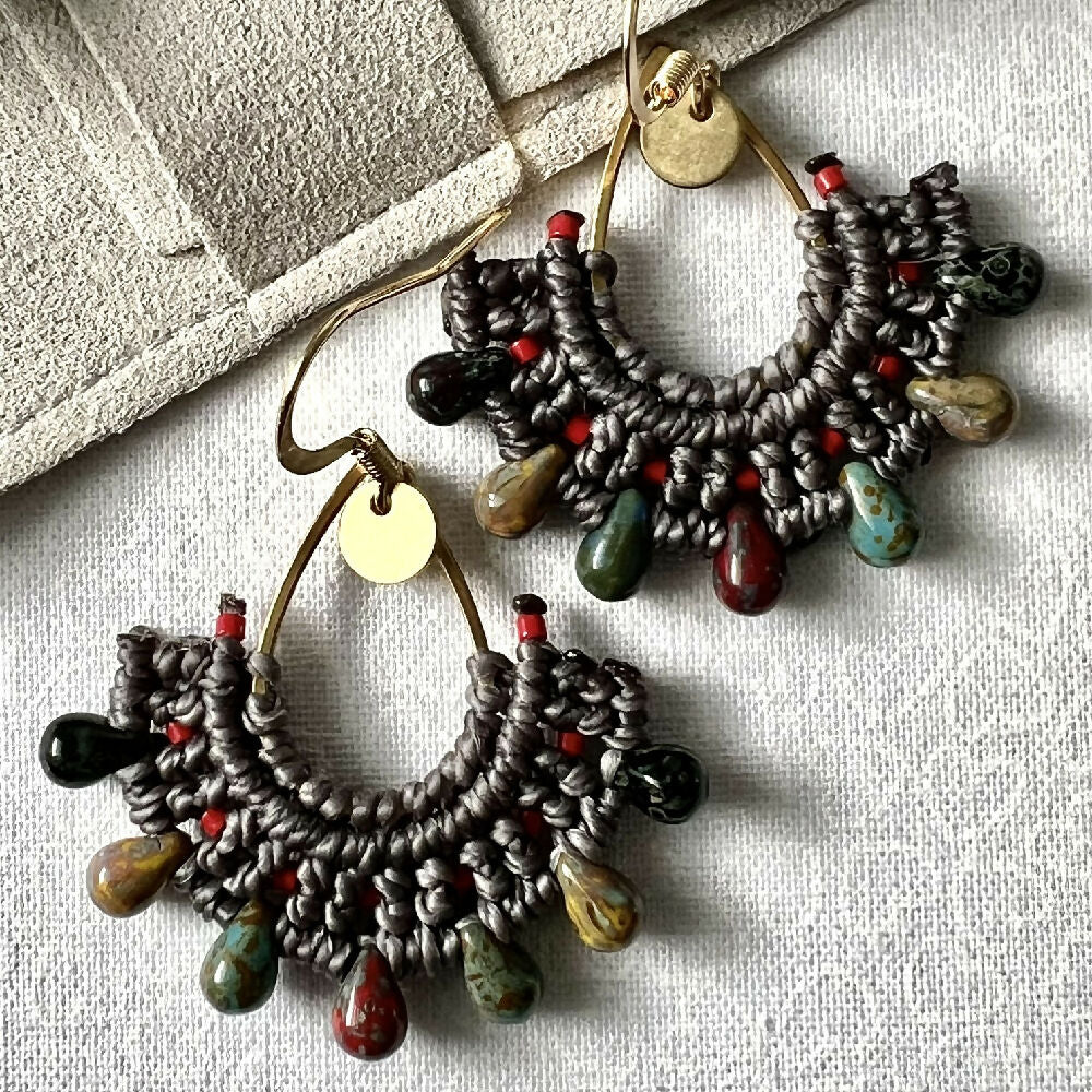 Teardrop Micro Macrame Earrings / Czech Glass + Free Microfibre Pouch