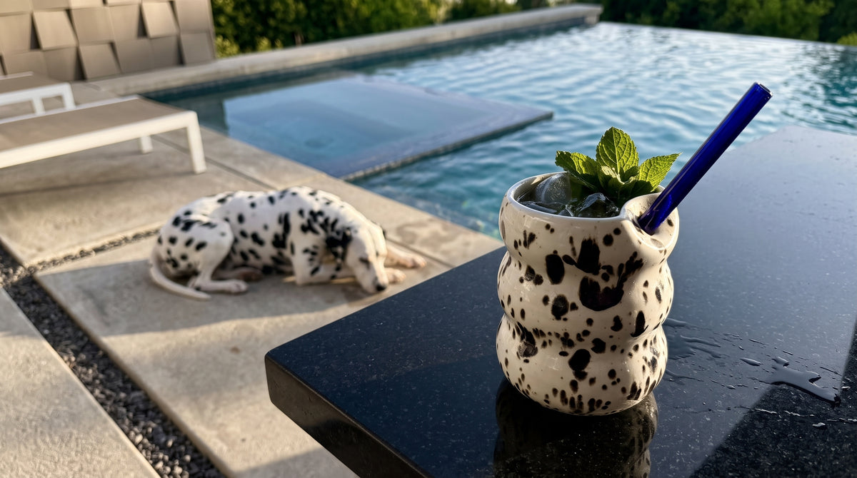 Handcrafted Porcelain Tumbler with Silicon Straw, 600mL Bubble Cup in Dalmatian Glaze