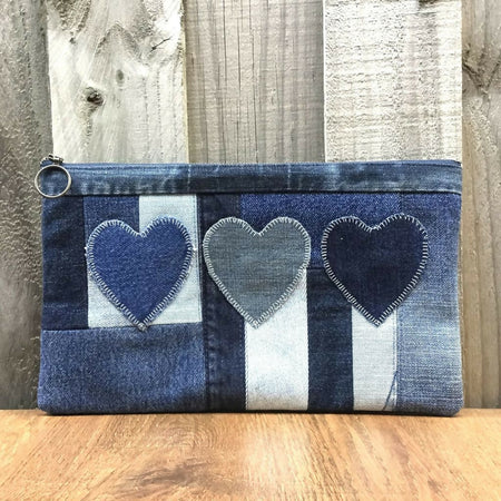 Large Upcycled Denim Pencil Case – 3 Denim Hearts