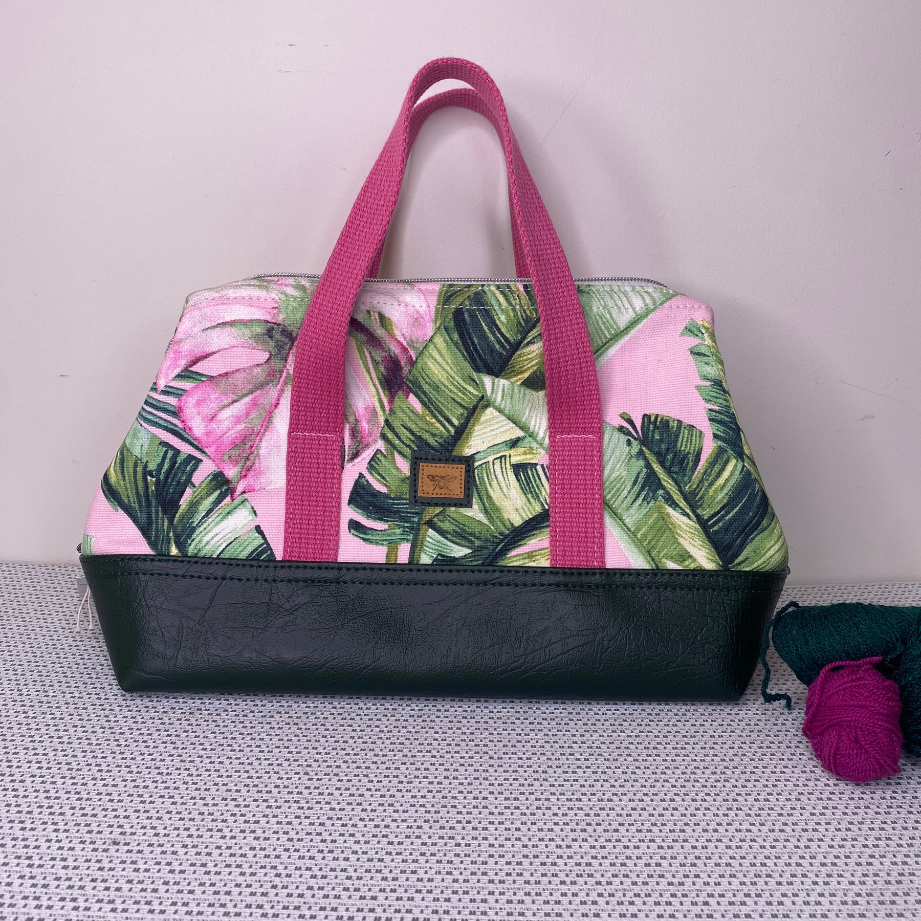 Project Bag - Leaves on Pink with a Dark Green Faux Leather Base