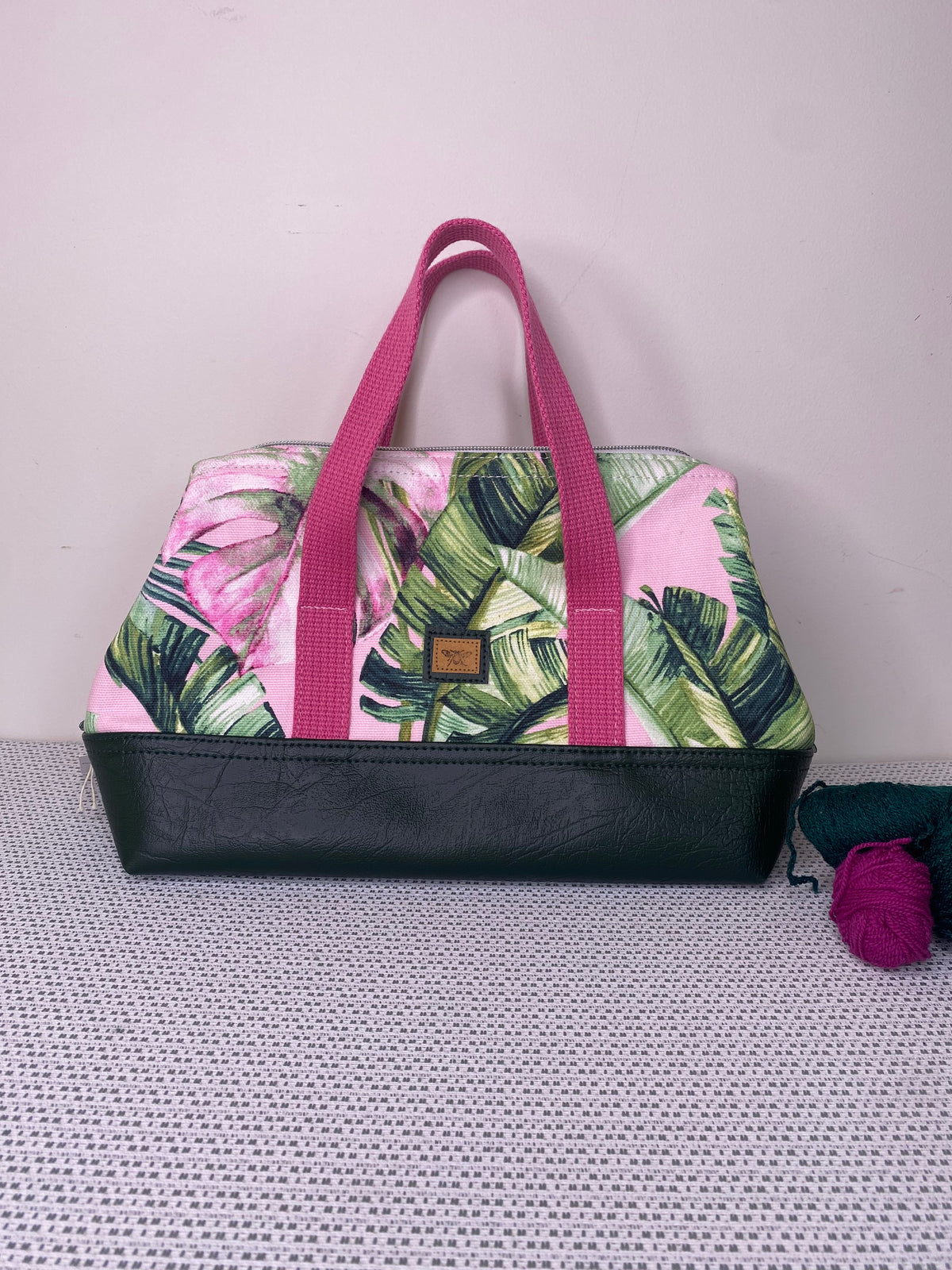 Project Bag - Leaves on Pink with a Dark Green Faux Leather Base