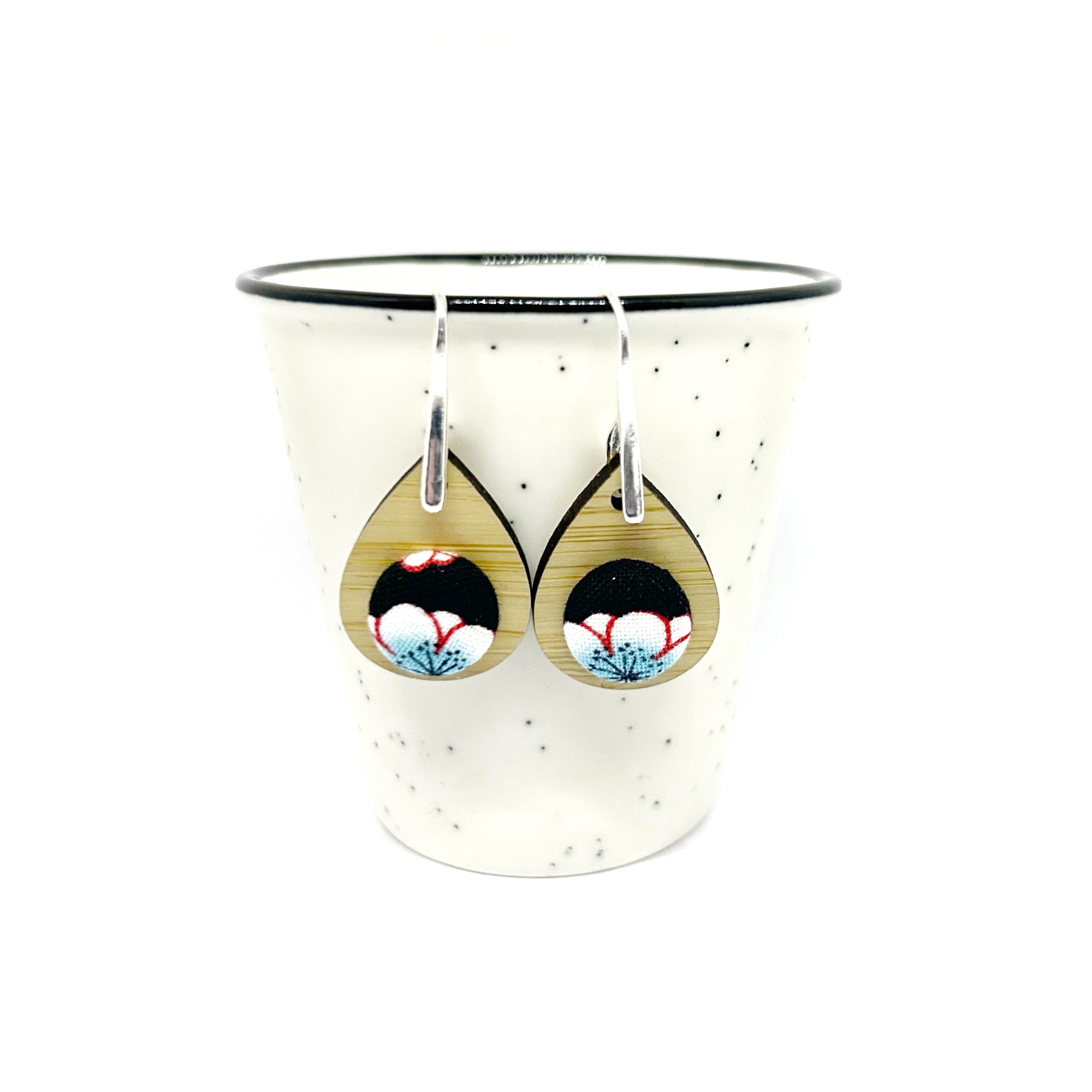 Kimono Tear Drop Bamboo Earrings - Aqua and Red