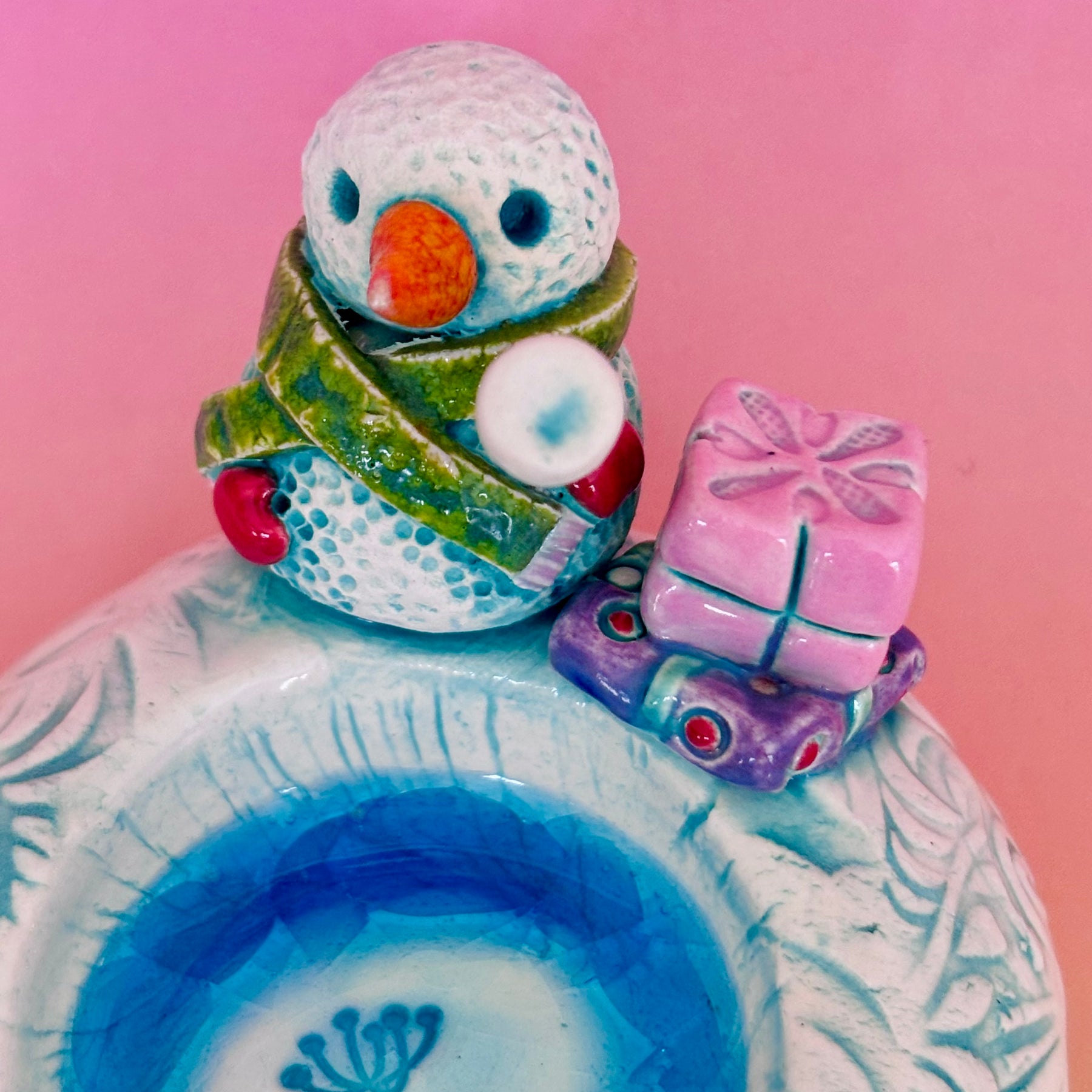 Handmade Earthenware Ceramic Christmas Tealight Holder with a Snowman