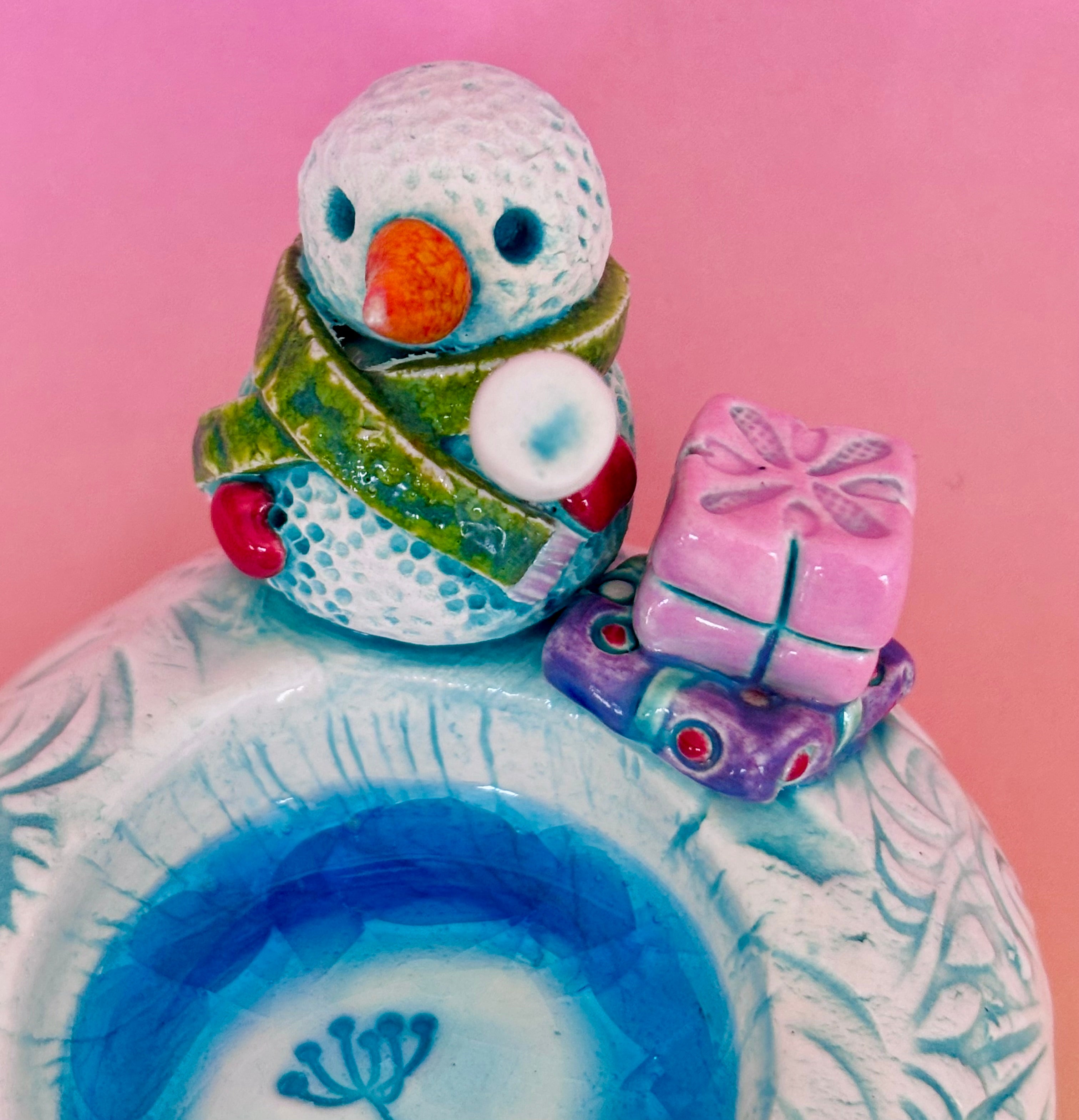 Handmade Earthenware Ceramic Christmas Tealight Holder with a Snowman