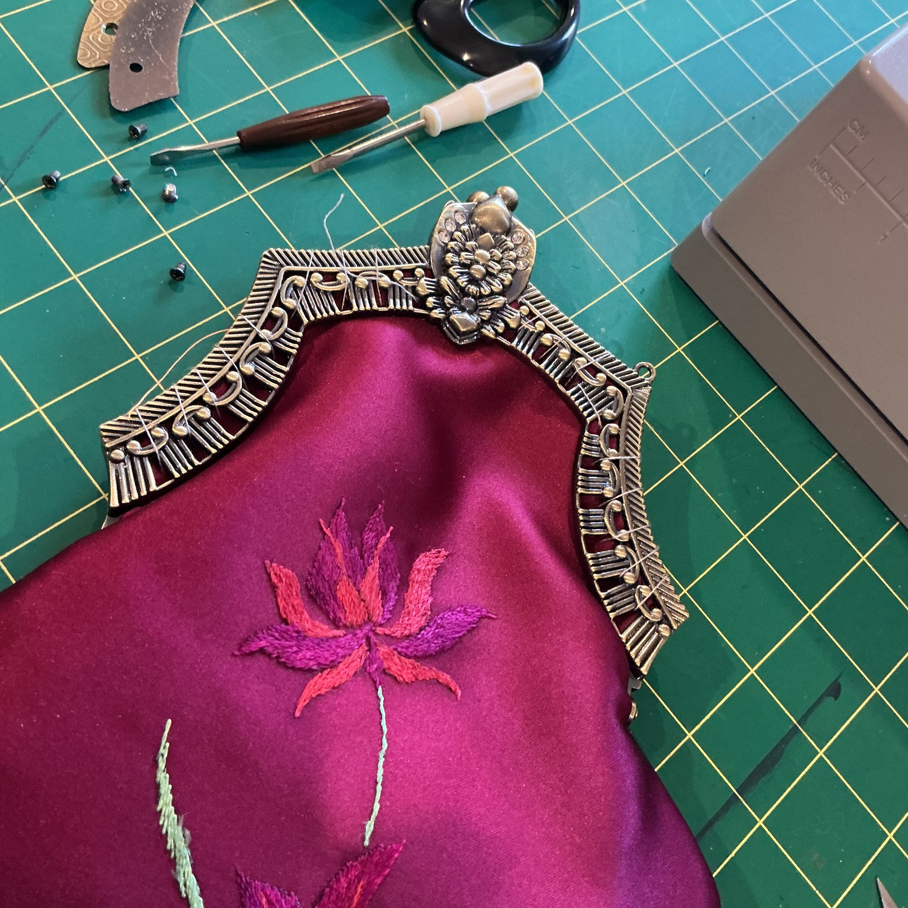 Reclaimed Plum Satin Handbag with Brass Clasp and Embroidery