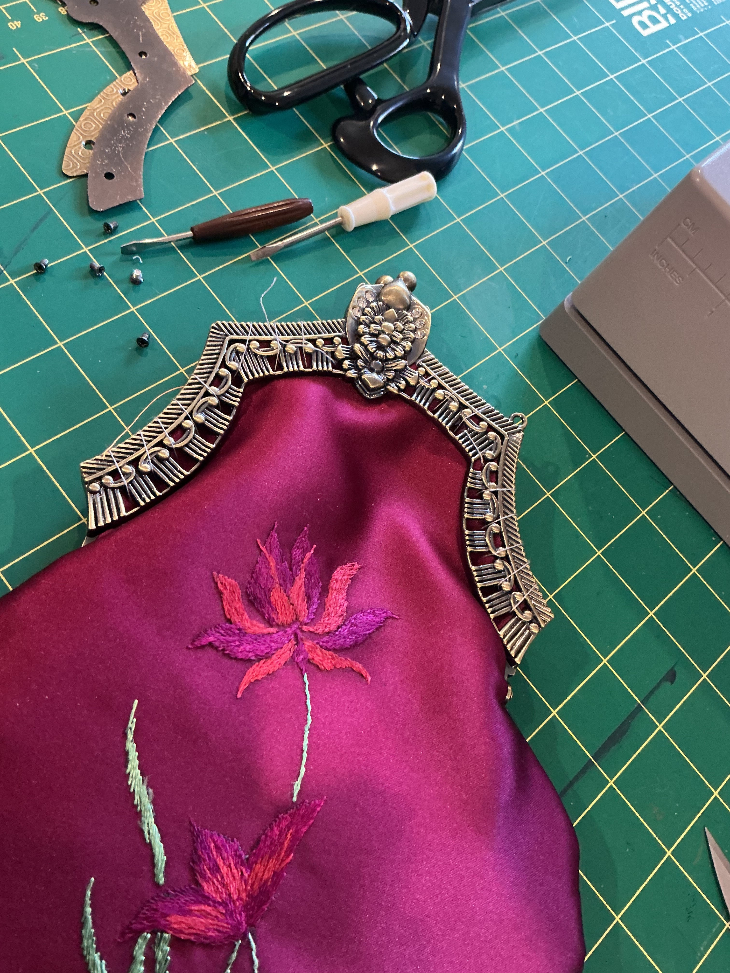 Reclaimed Plum Satin Handbag with Brass Clasp and Embroidery