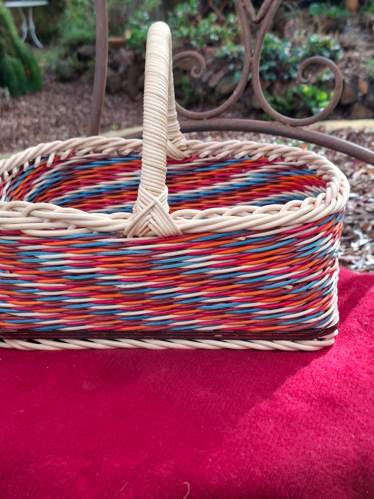 Large Rectangular basket brown, orange, blue and natural wicker.