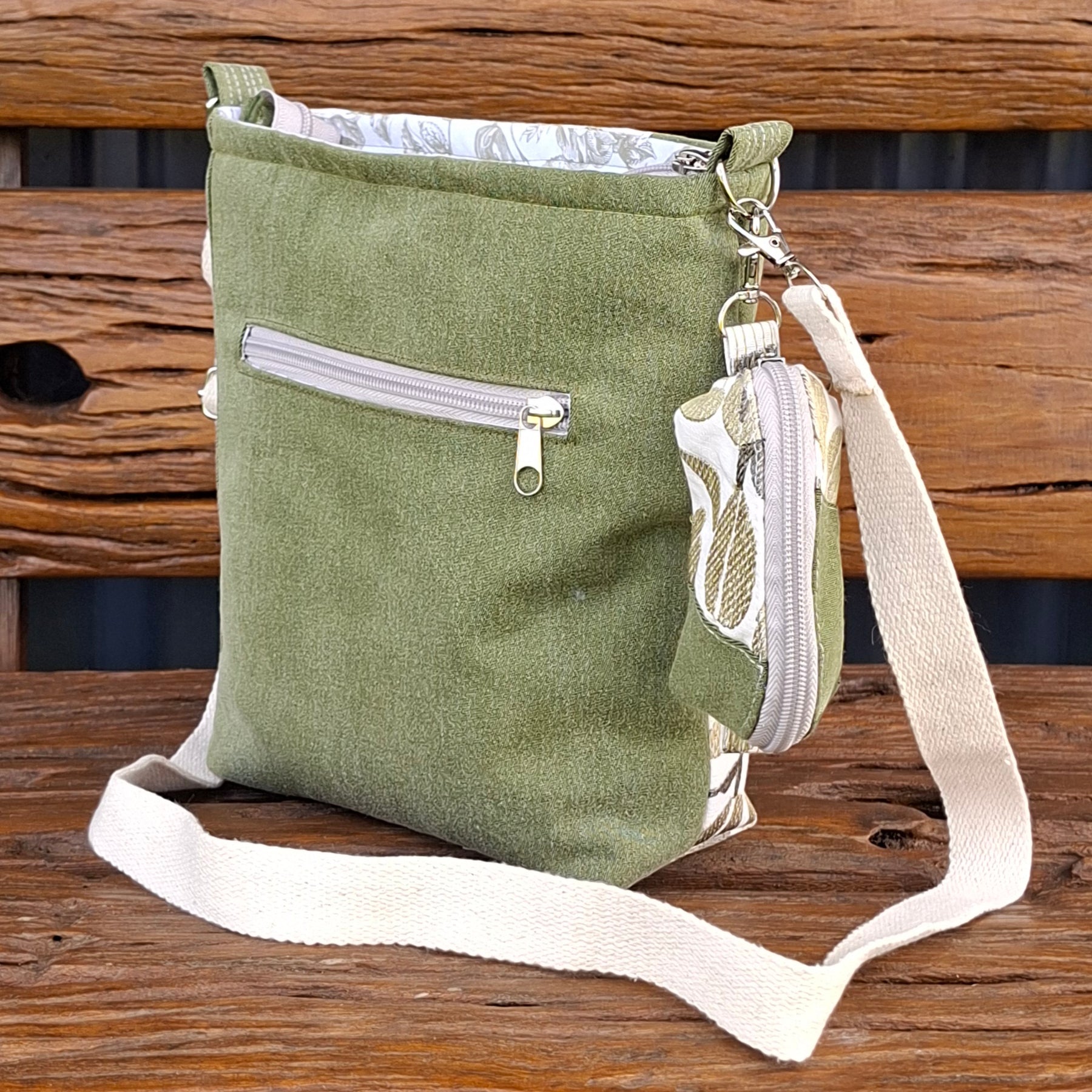 Upcycled Sage Green and Linen, Gender Neutral Crossbody Bag & Matching Coin Purse