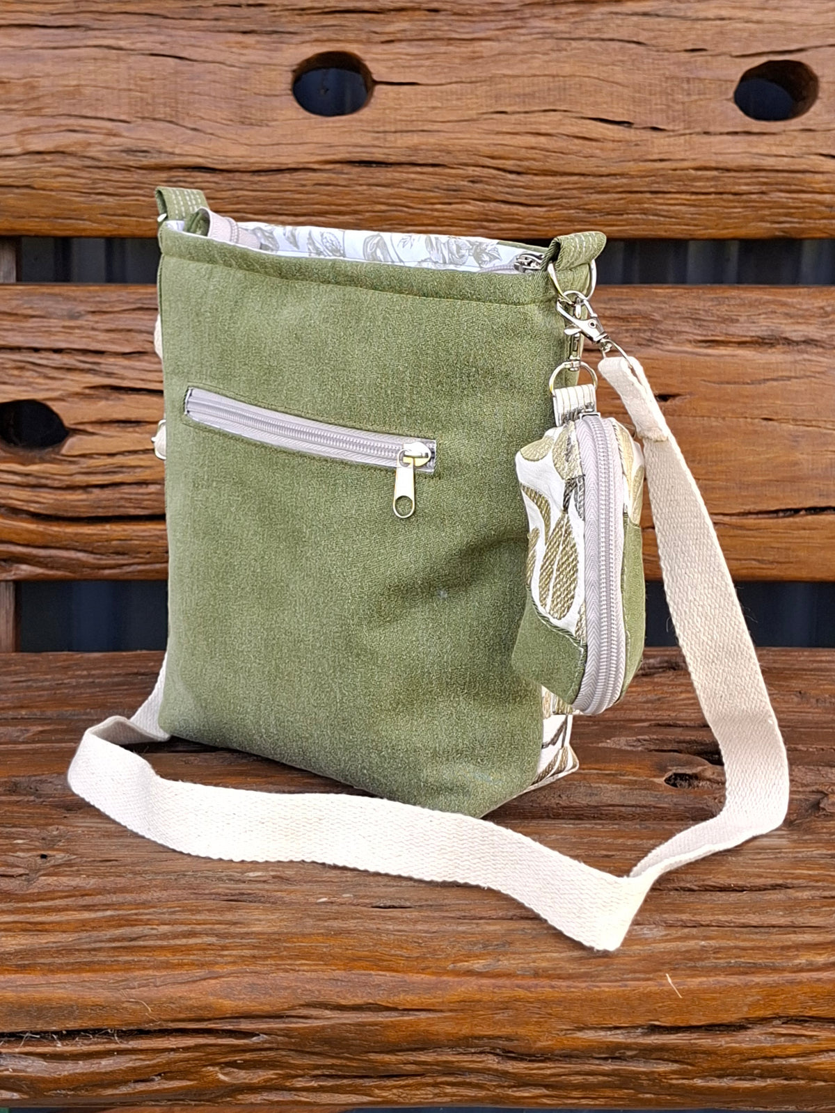 Upcycled Sage Green and Linen, Gender Neutral Crossbody Bag & Matching Coin Purse
