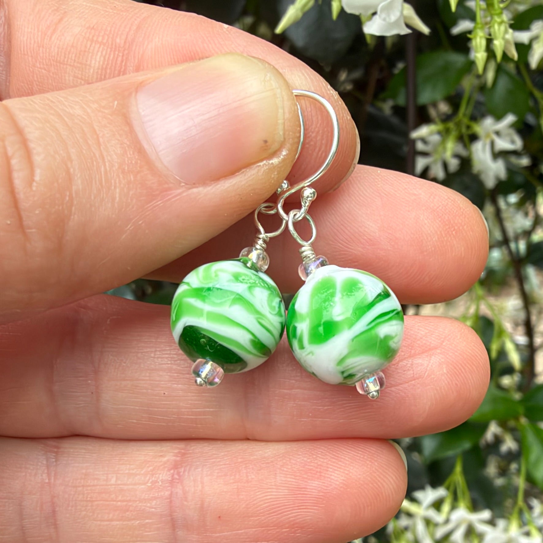 Green and White Lampwork Bead Earrings Sterling Silver