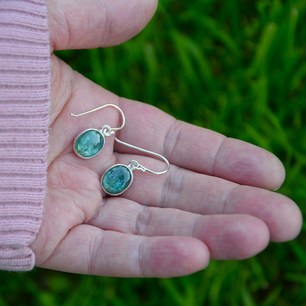 Emerald Green Kyanite Silver Dangle Earrings