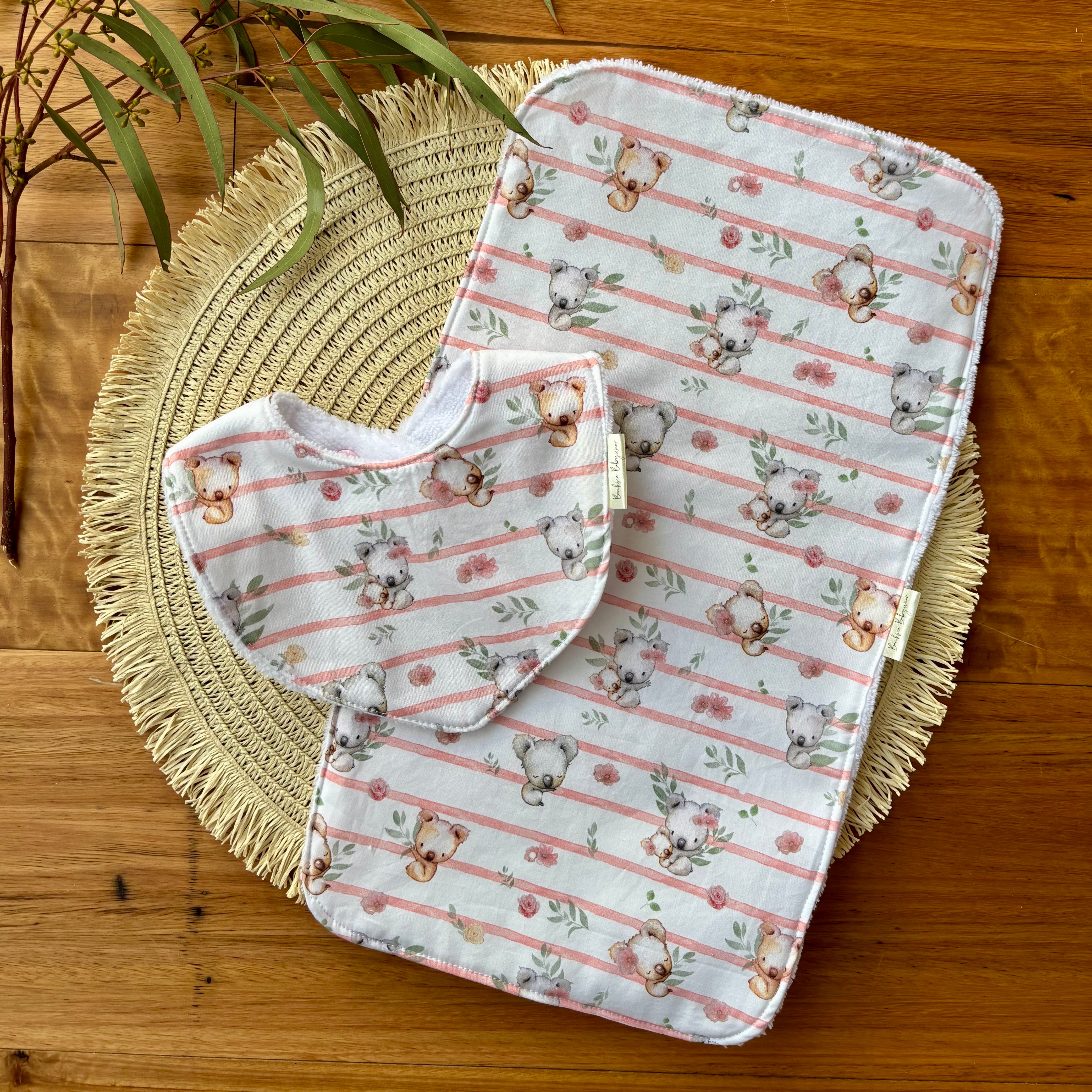 Baby Bib and Burp Cloth Set | Pink Koala Stripe | Made to Order