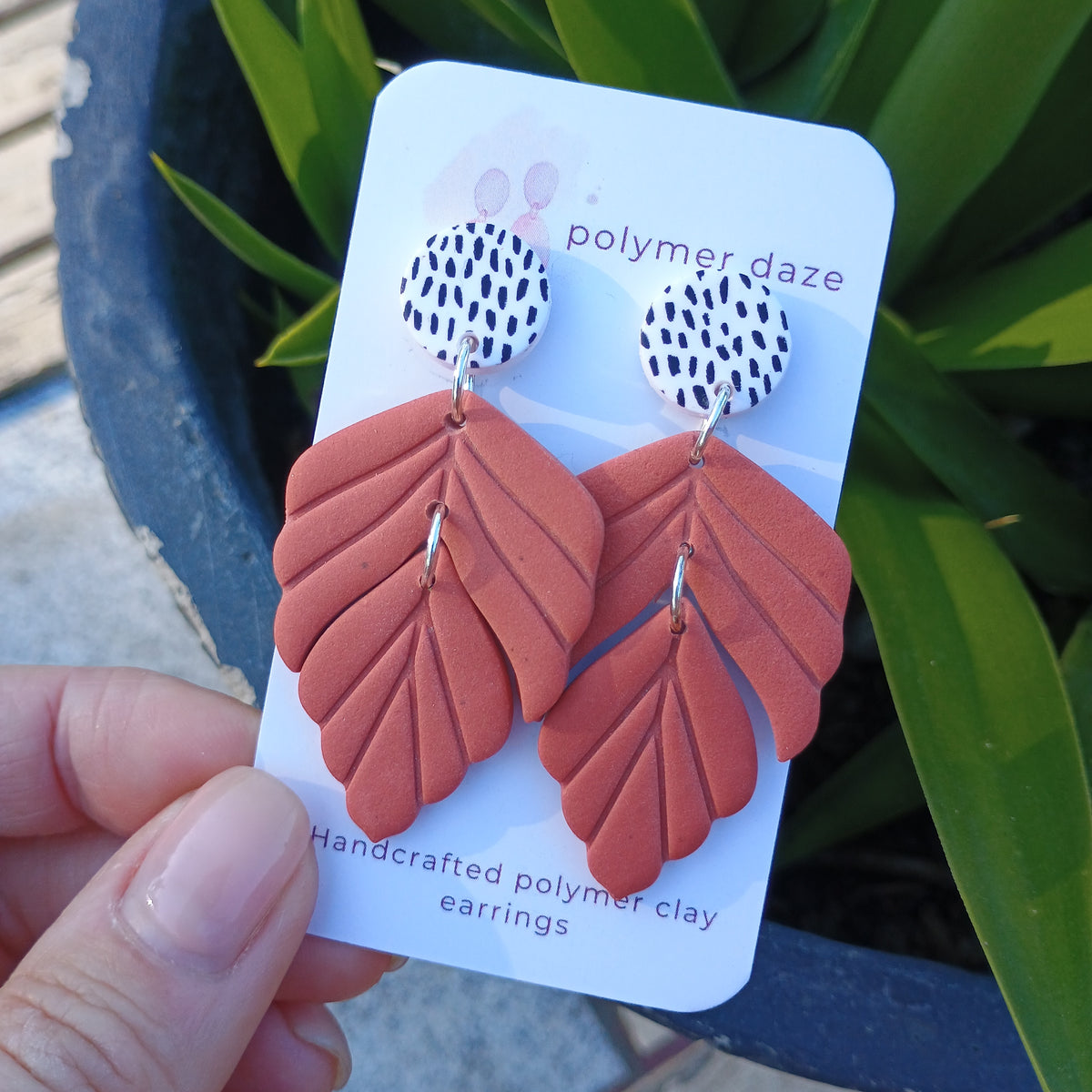 Coral Leaf dangle earrings with painted stud top