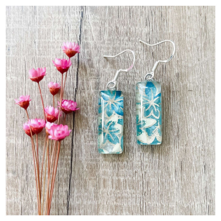 Blue Earrings with a Leaf Style Pattern made with Washi