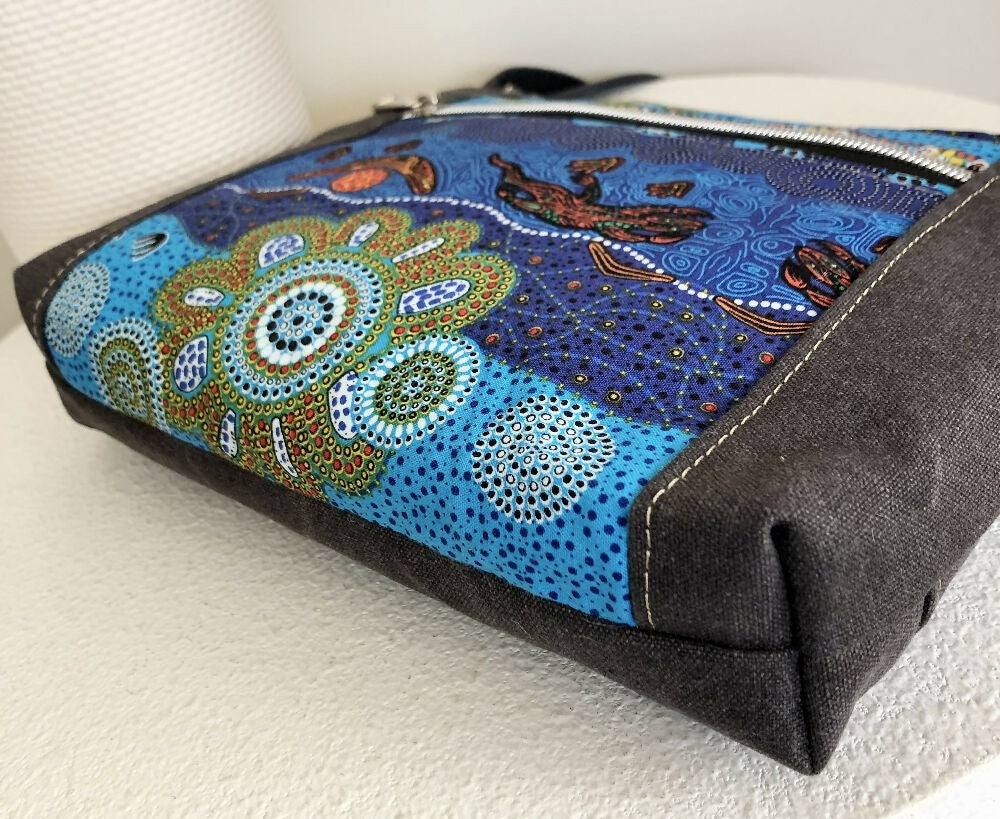 Cross Body Handbag in Grey Canvas and Blue Indigenous Fabric