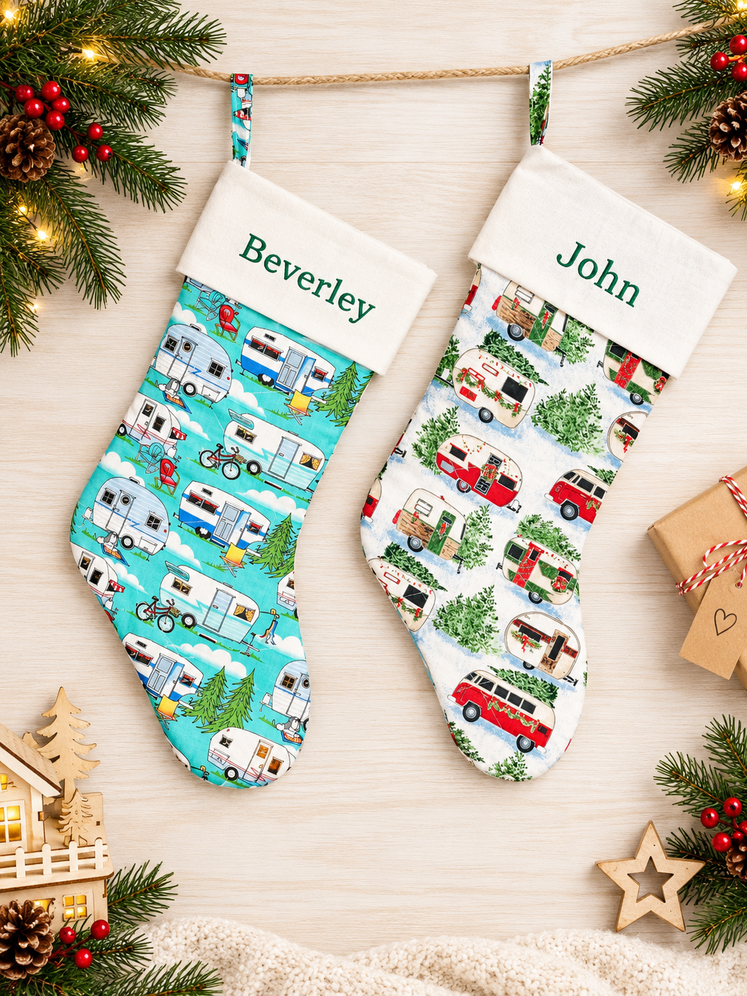 Personalized Quilted Christmas Stocking 60 cm long featuring Camper Vans, Camping and Outdoor Living