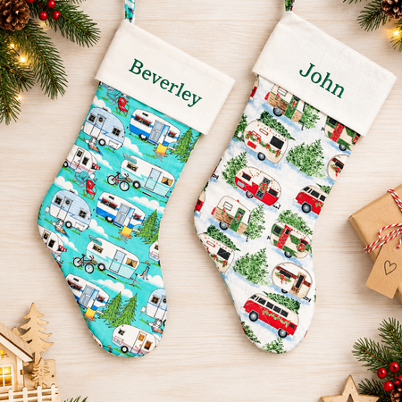 Personalized Quilted Christmas Stocking 60 cm long featuring Camper Vans, Camping and Outdoor Living