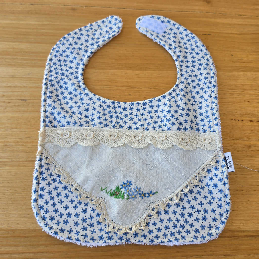 Handmade Baby Bib – Blue Floral with Vintage Doily Embroidery