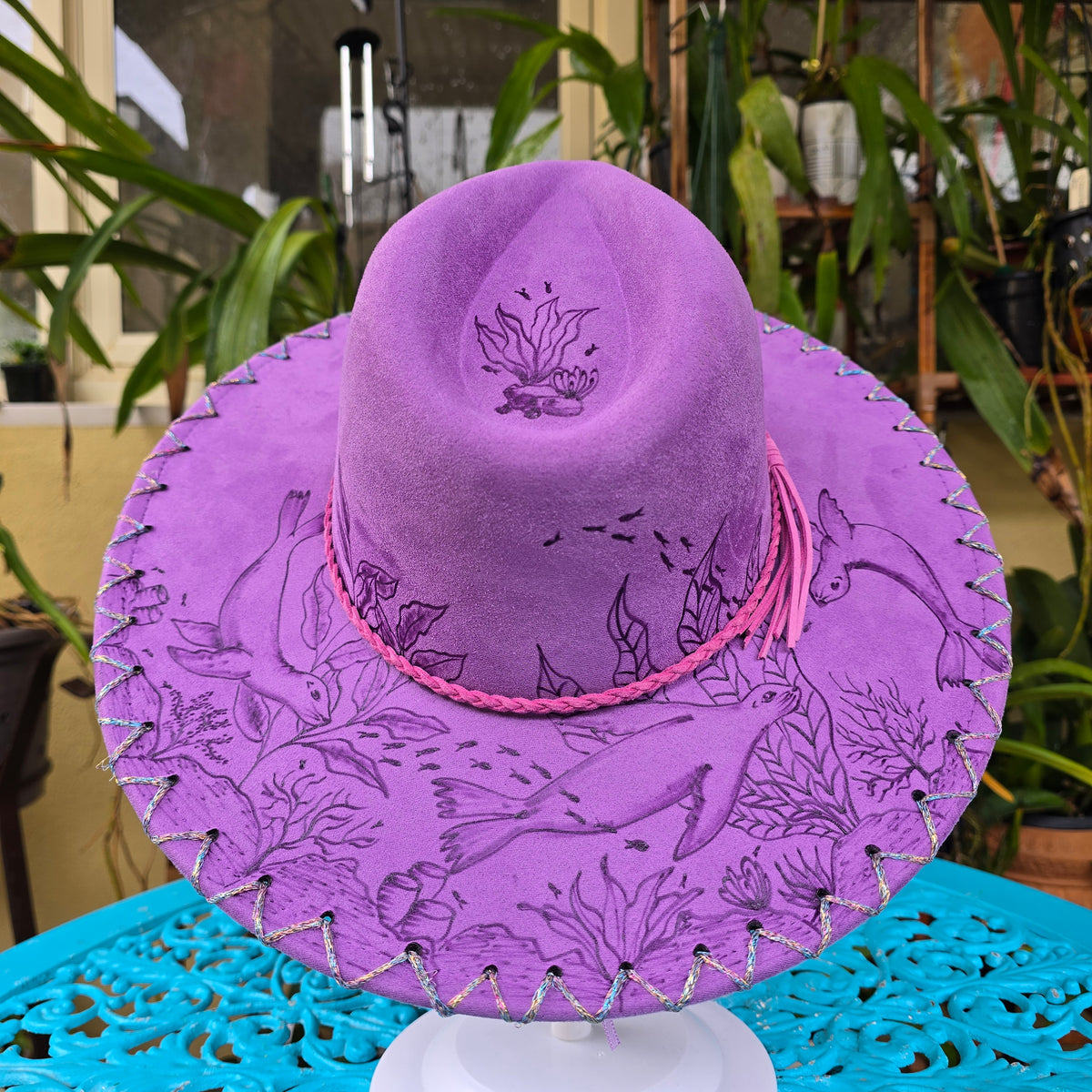 Hand burnt fedora hat: Ocean Magic