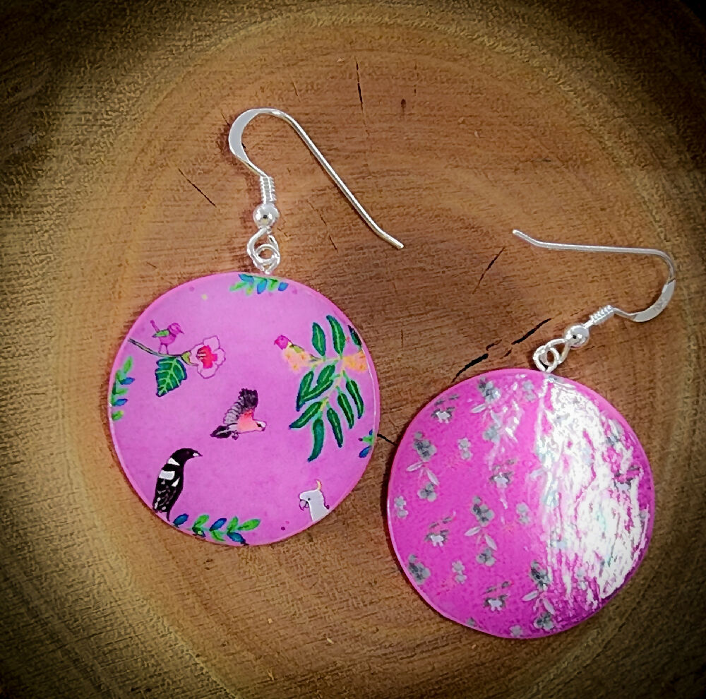 Australian bird forest silver earrings in hot pink