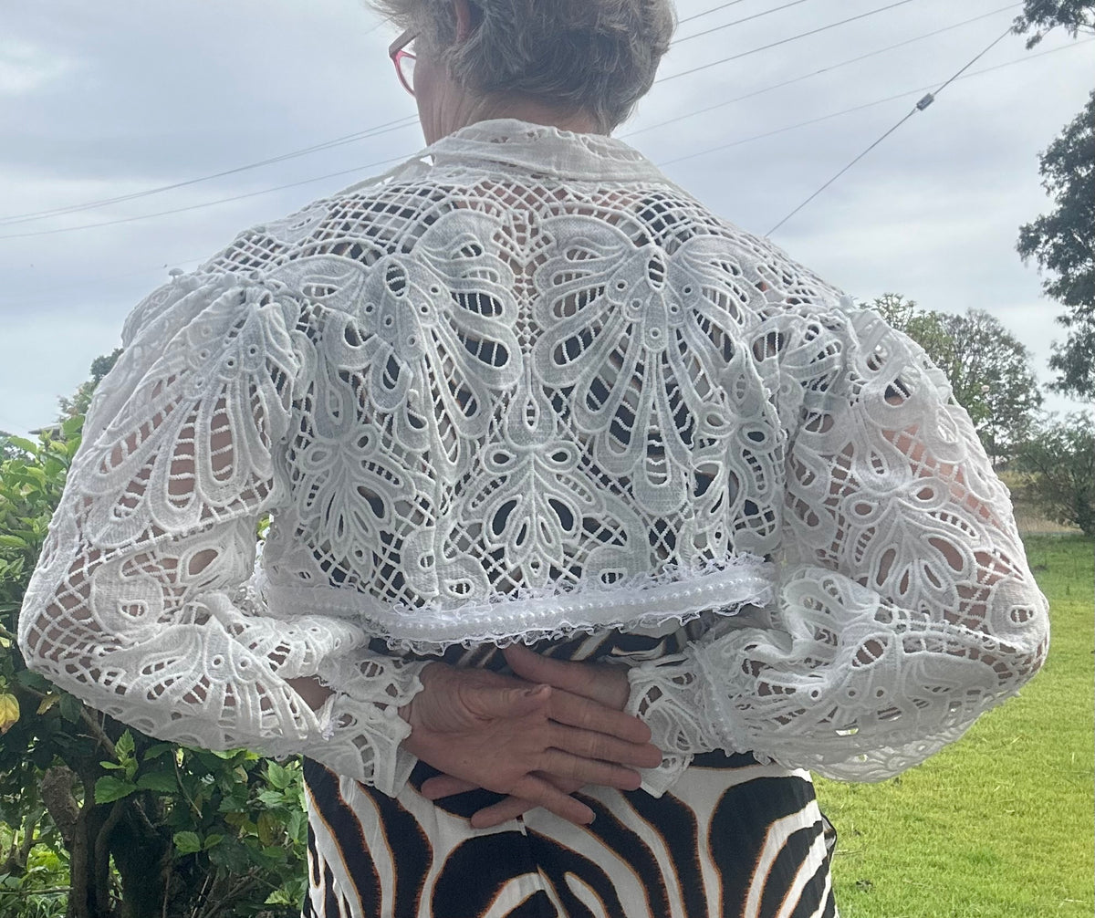 White lace bolero faux pearl and lace trim