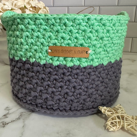 Mint & Grey Crochet Basket with Handles - Stylish & Functional