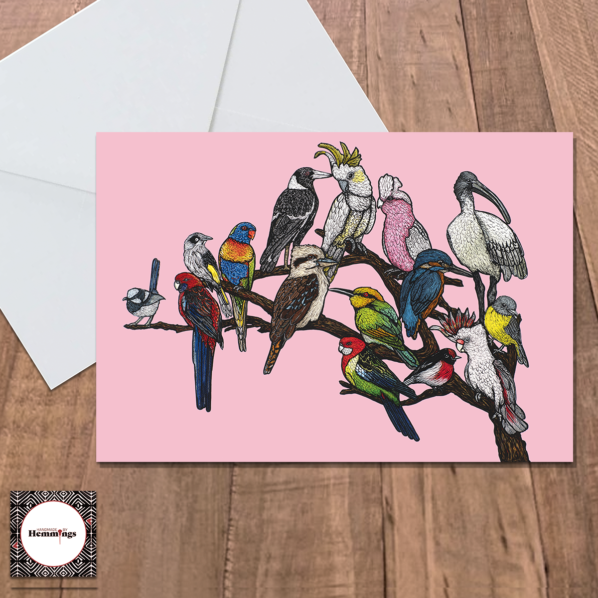 Bendigo Birds on a Branch Pink Greeting Card + Envelope