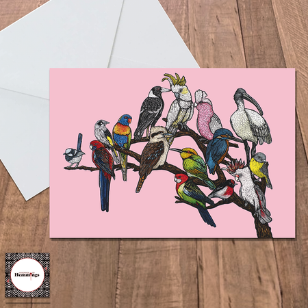 Bendigo Birds on a Branch Pink Greeting Card + Envelope