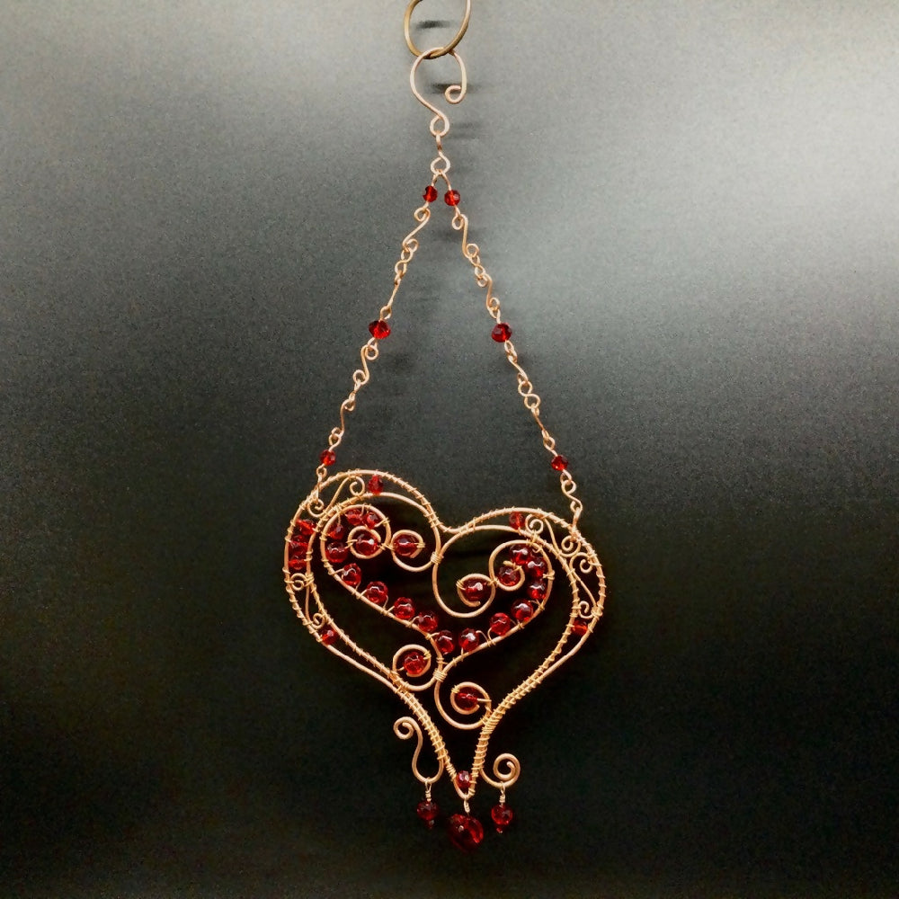 Red Glass Heart Window Decor Wire Wrapped with Copper