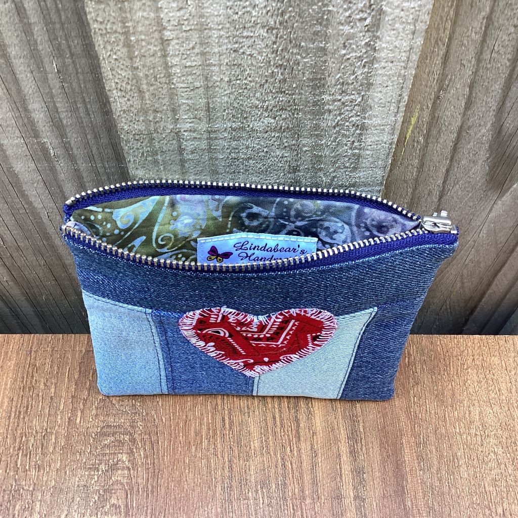 Upcycled Denim Coin Purse - Red Paisley Heart