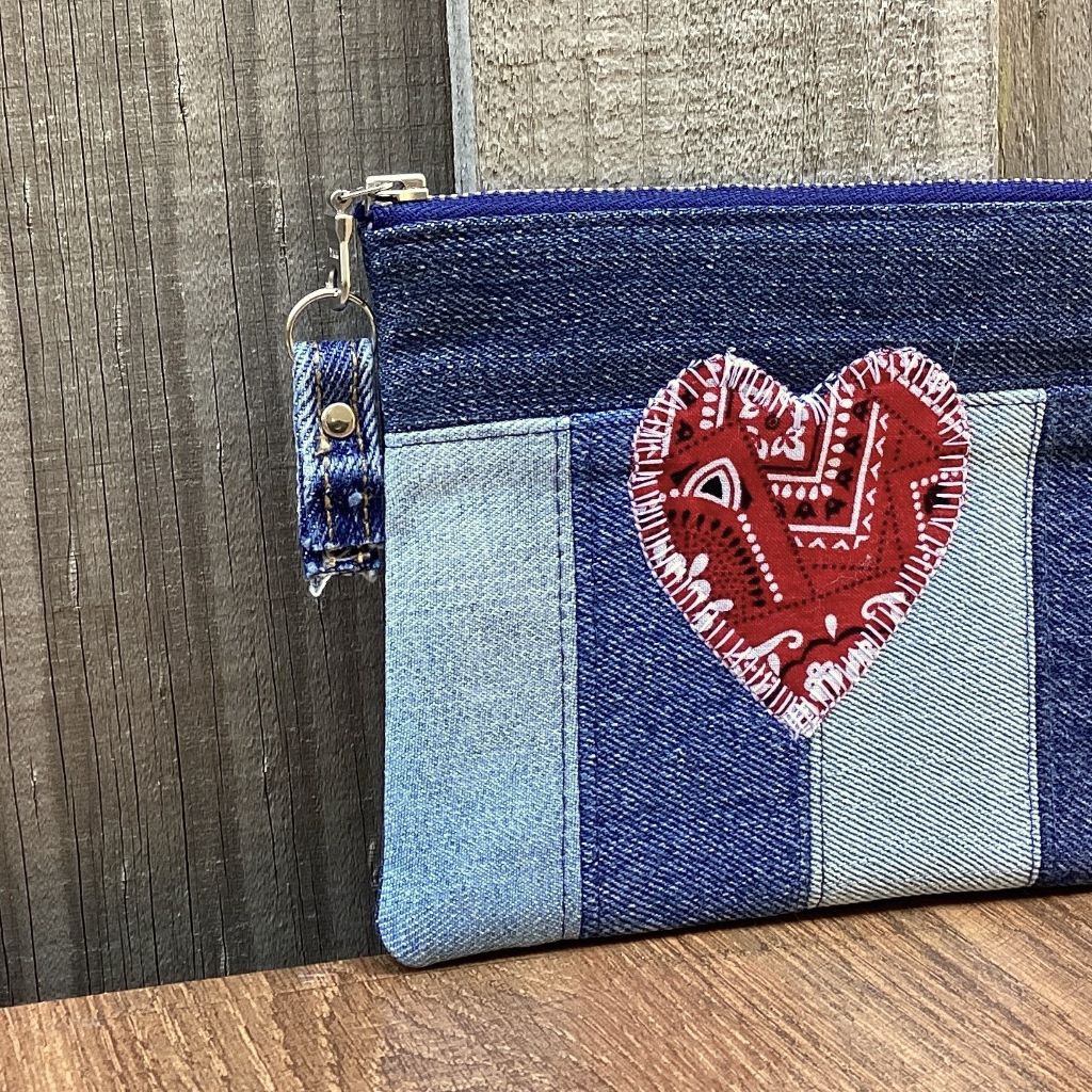 Upcycled Denim Coin Purse - Red Paisley Heart