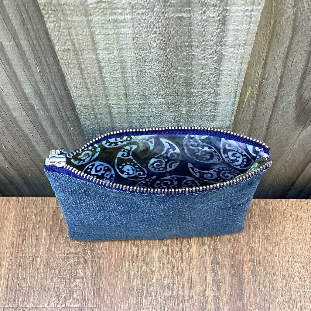 Upcycled Denim Coin Purse - Red Paisley Heart