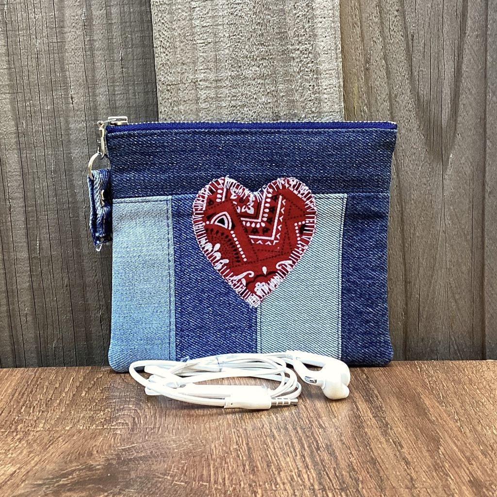 Upcycled Denim Coin Purse - Red Paisley Heart