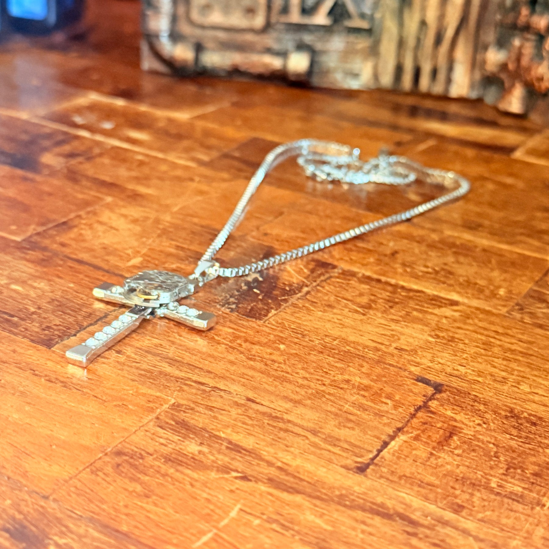Steampunk watch movement cross necklace