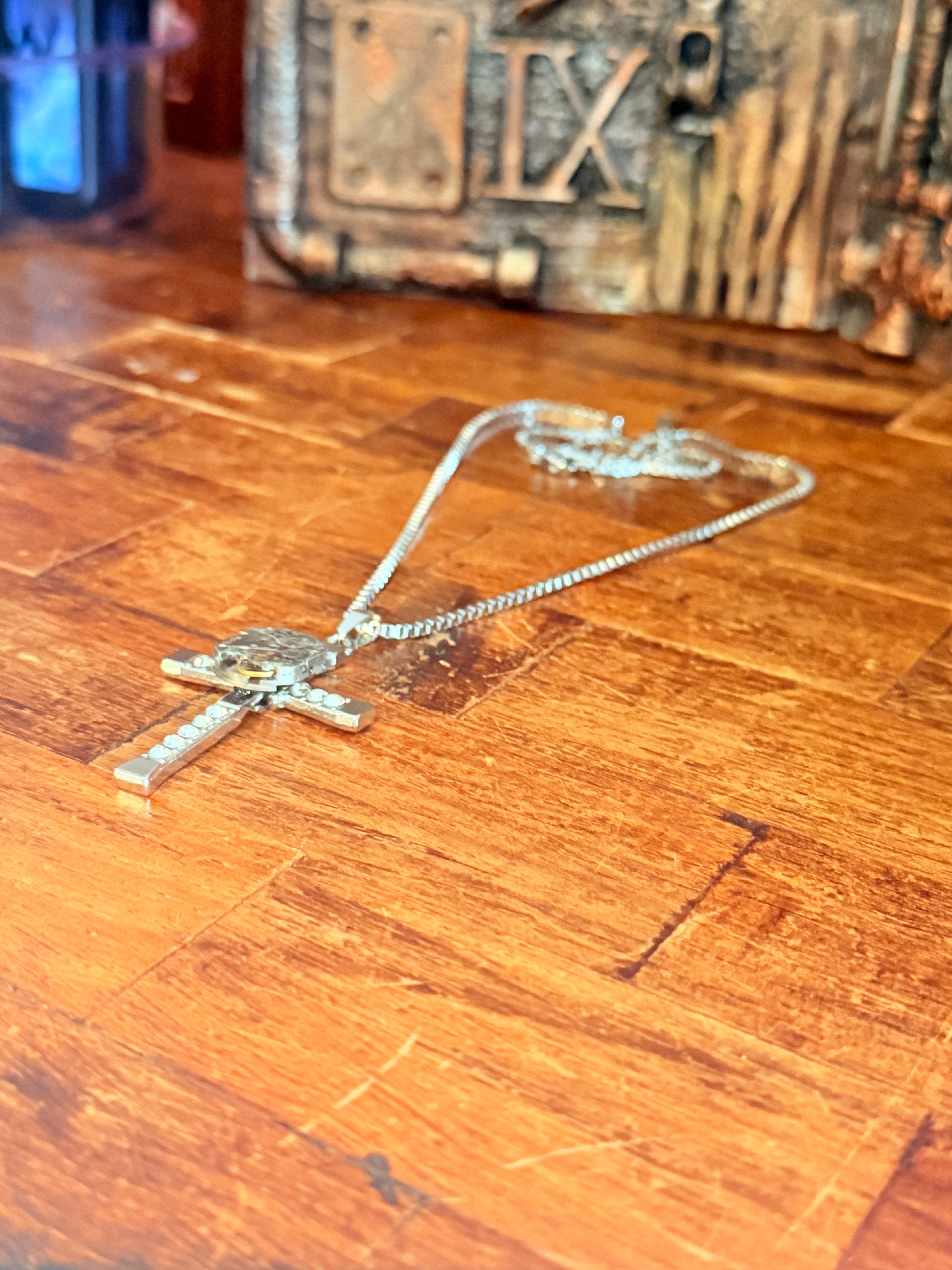 Steampunk watch movement cross necklace
