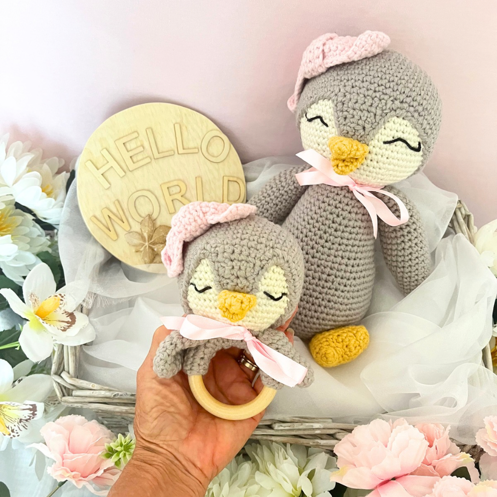 Handmade Crochet Penguin Baby Gift Set | Crochet Penguin Soft Toy Penguin Teether