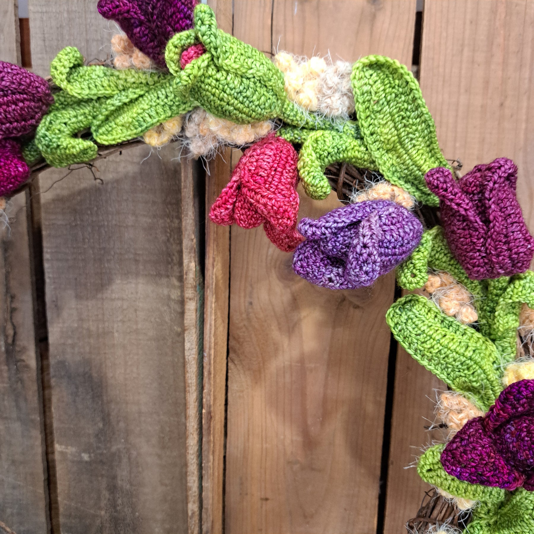 Handmade crochet tulip wreath pinks purples