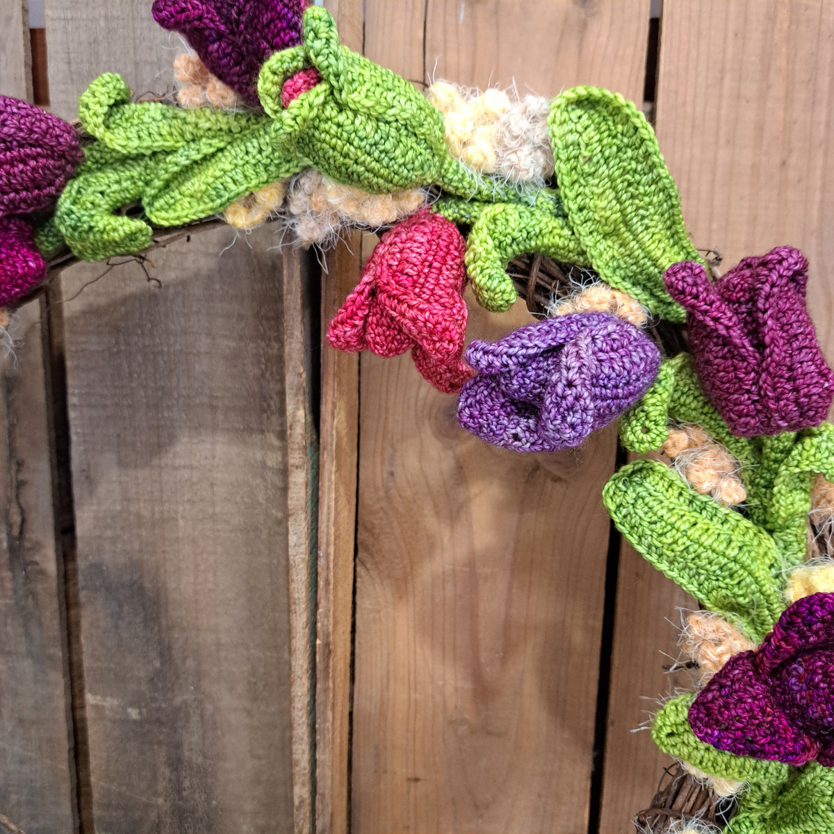 Handmade crochet tulip wreath pinks purples