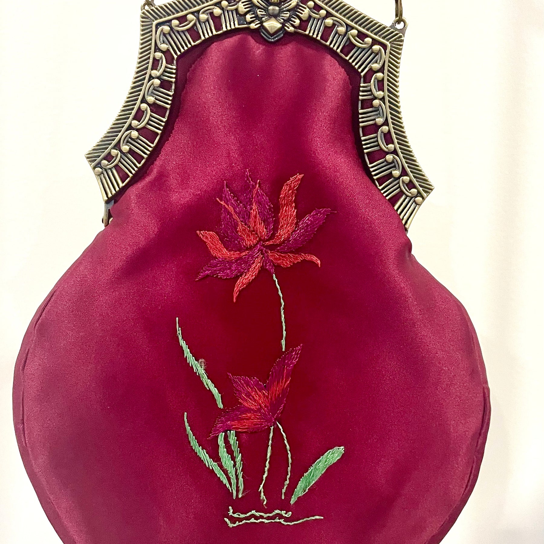 Handmade Plum Satin Handbag, Hand-Embroidered, Brass Clasp