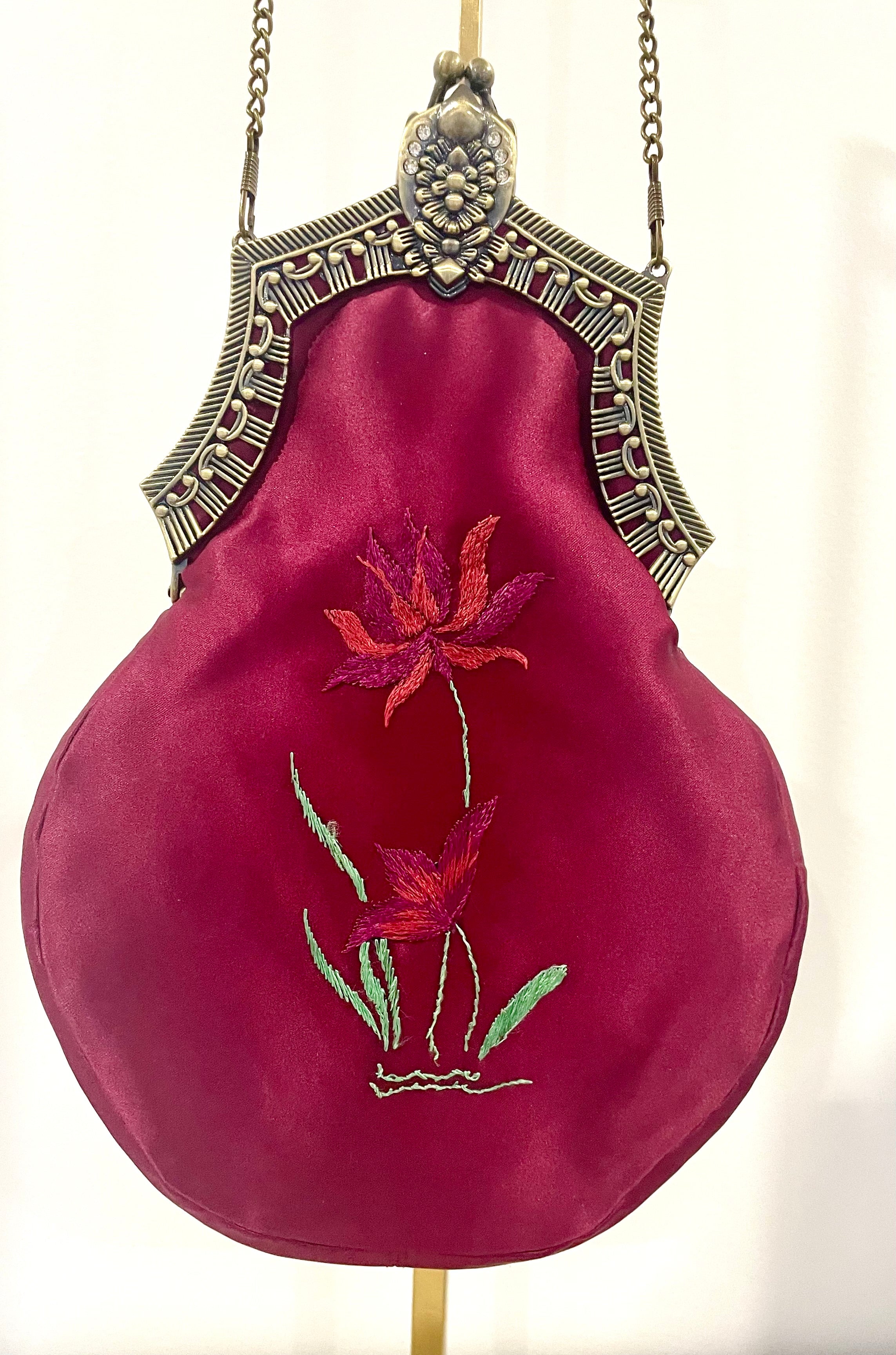 Handmade Plum Satin Handbag, Hand-Embroidered, Brass Clasp