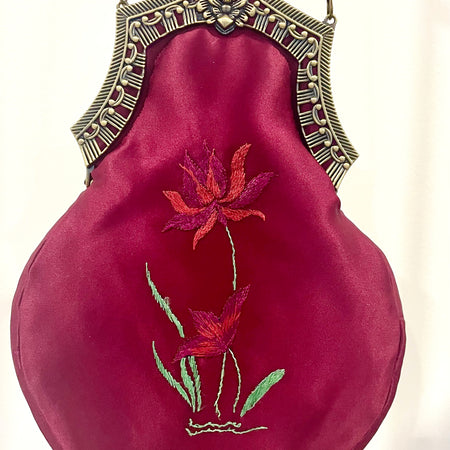 Handmade Plum Satin Handbag, Hand-Embroidered, Brass Clasp