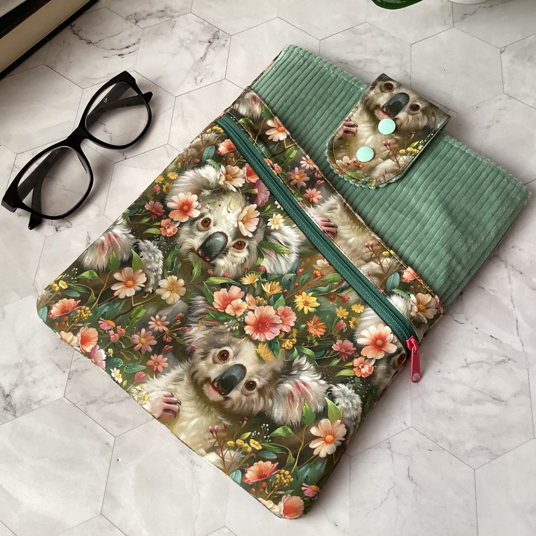 Australian Koalas book sleeve with 2 pockets. iPad, tablet pouch