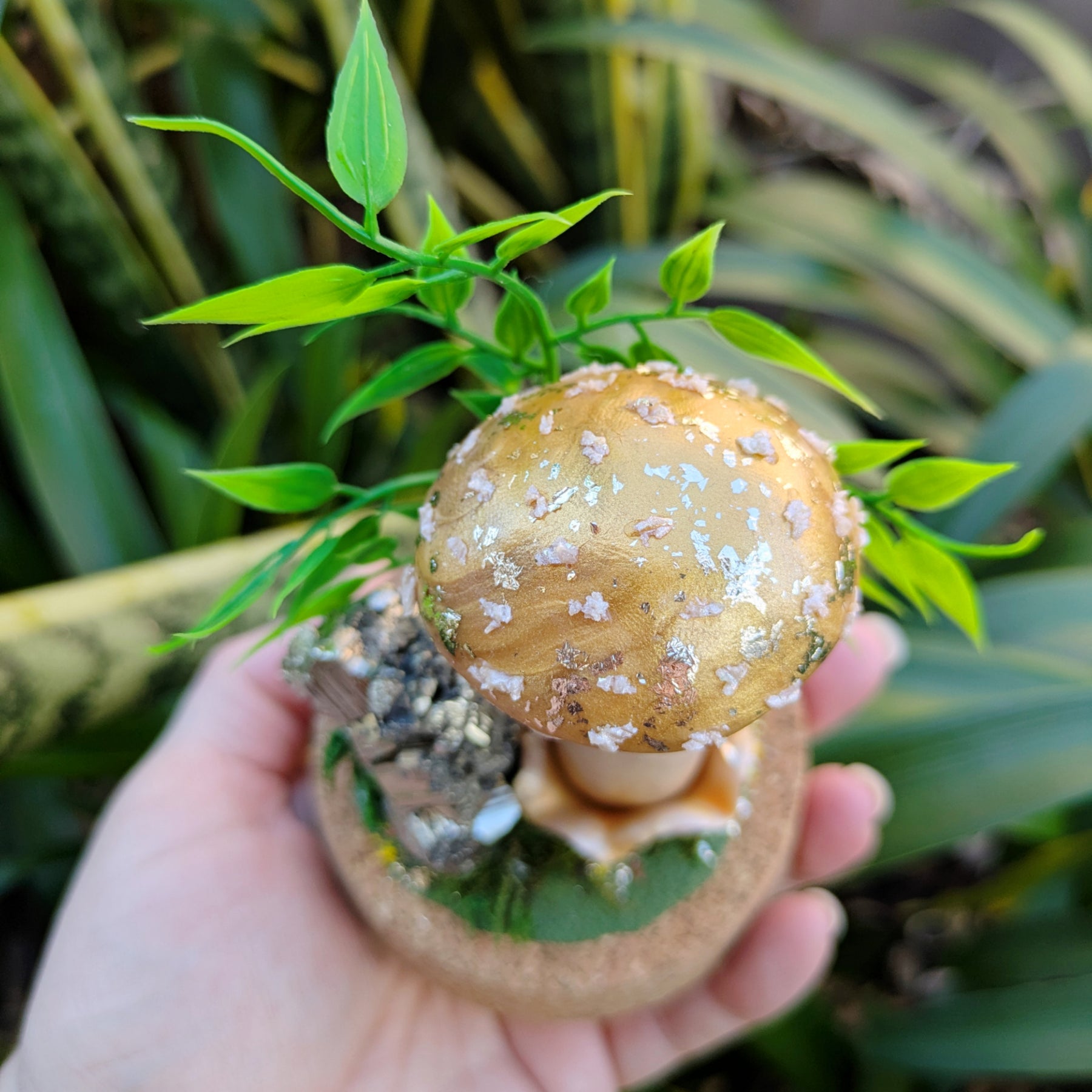 Golden Woodland Mushroom with Pyrite crystal in Glass dome