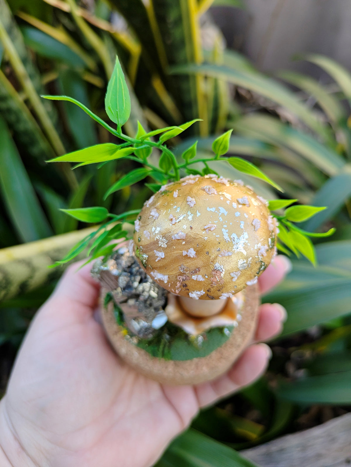 Golden Woodland Mushroom with Pyrite crystal in Glass dome