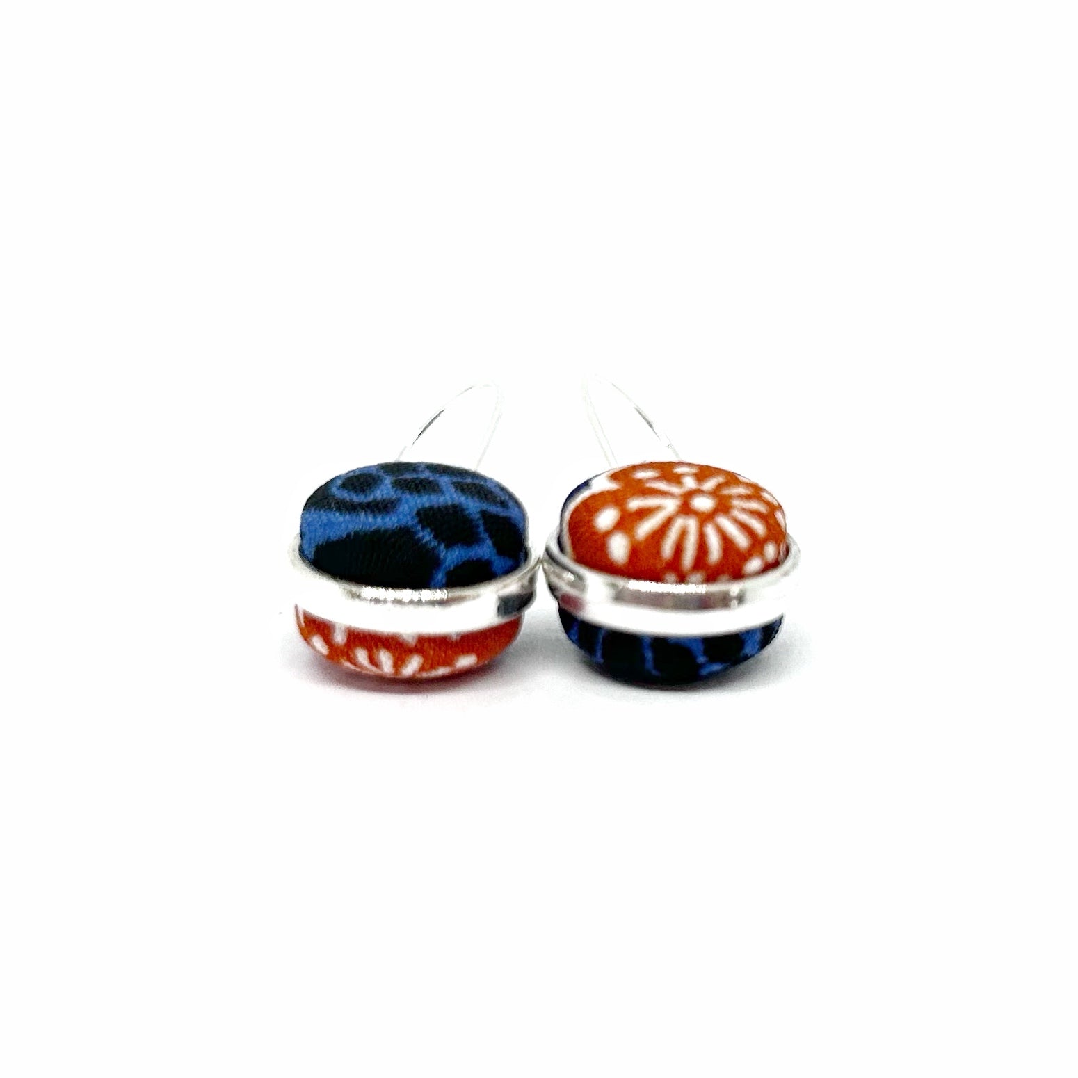 Double Sided Fabric Button Earrings - Blue and Red